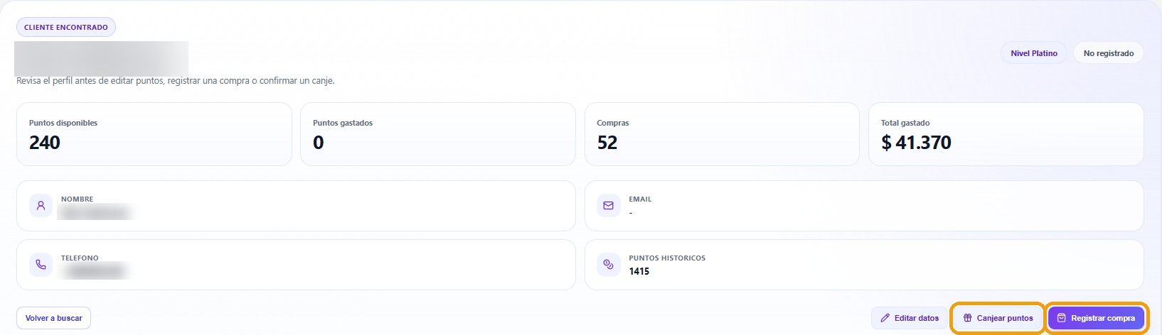 Ficha del cliente con sus puntos y los botones de canje y compra
